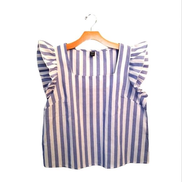 SHEIN Blue Striped Print Ruffle Trim Square Neck Blouse NWOT XL 7 0290 - Picture 6 of 6